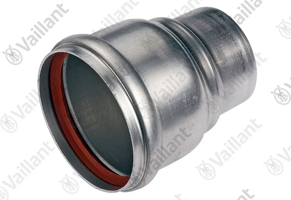 Vaillant Adapter für Abgasleitungen, aus Aluminium, mit einer runden Öffnung. Das Produkt hat eine glatte Oberfläche und eine Dichtung im Inneren.